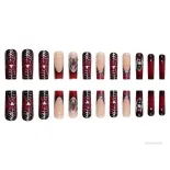 24pcs dài hình thang màu đỏ gradient pháp punk kim loại halloween mạng nhện mô hình móng tay giả SFYK-VN