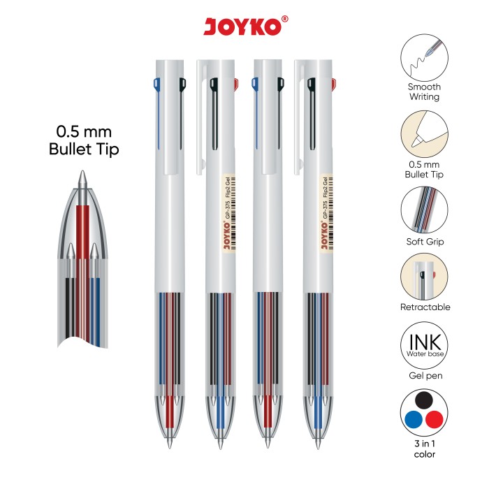Gel Pen Pulpen Pena Joyko GP-375 Flip2 Gel 0.5 mm 3 Warna Colors