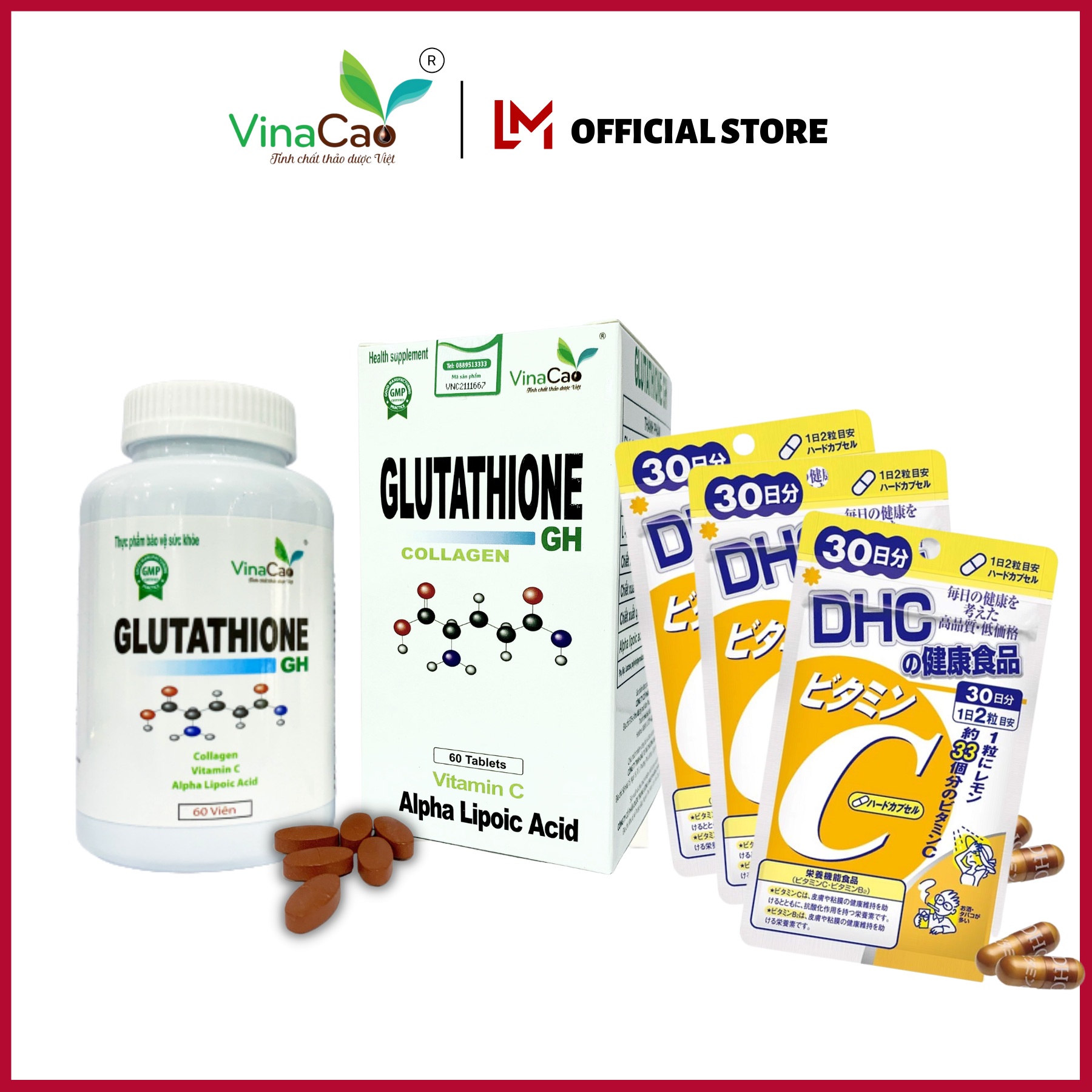 Combo Glutathione Collagen GH và Vitamin C DHC trắng da, mờ nám