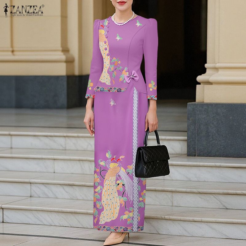 (3 Days Delivery) ZANZEA Women Two-piece Outfits New Trendy Long Sleeve Crew Neck Bowknot Top Long Skirts Print Party Sets #F ราคา 385 บาท*ส่งฟรี