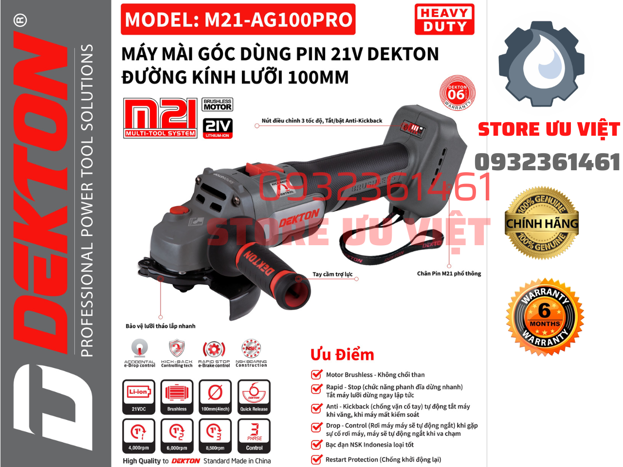 MÁY MÀI GÓC ĐĨA 100MM SỬ DỤNG PIN M21 DEKTON M21AG100PRO MOTOR BRUSHLES Giá Tốt