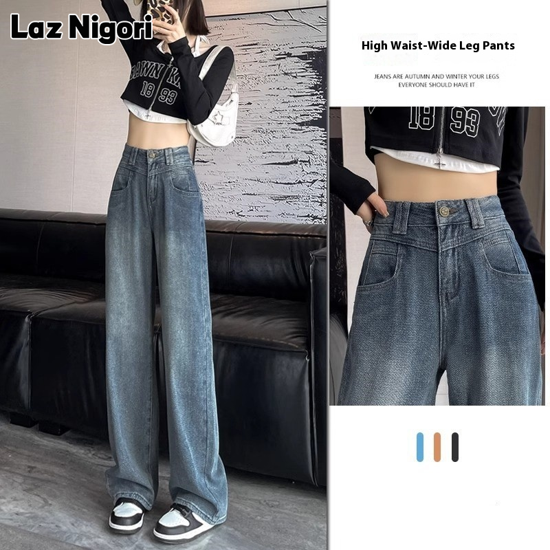 Laz Nigori High Waist Wide Leg Jeans Women's Fashion Trend New Retro Loose Straight Trousers Wide Leg Jeans ราคา 373 บาท*ส่งฟรี