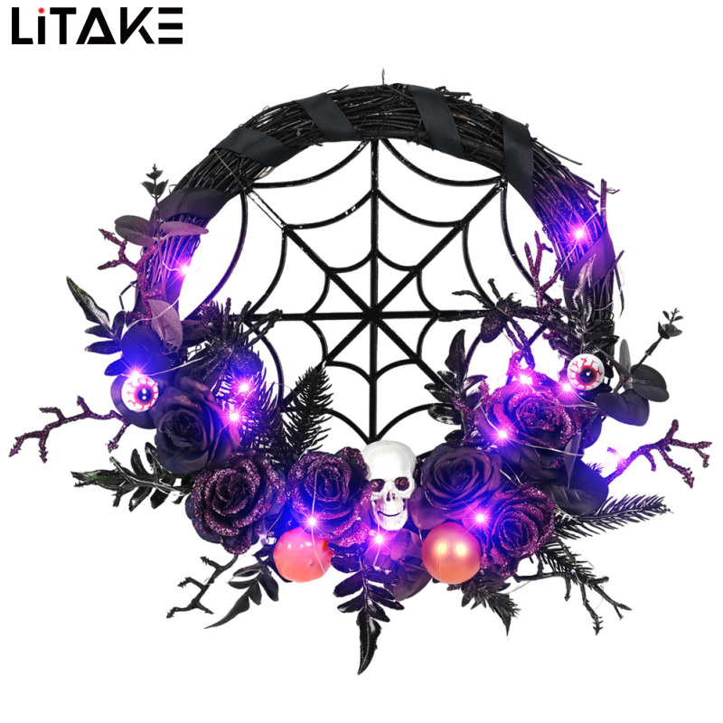 Halloween Wreath For Front Door, Halloween Scary Rose Skull Wreath With LED Lights, Horror Web Vine Wreath For Party Home Fireplace Windows ราคา 432 บาท*ส่งฟรี