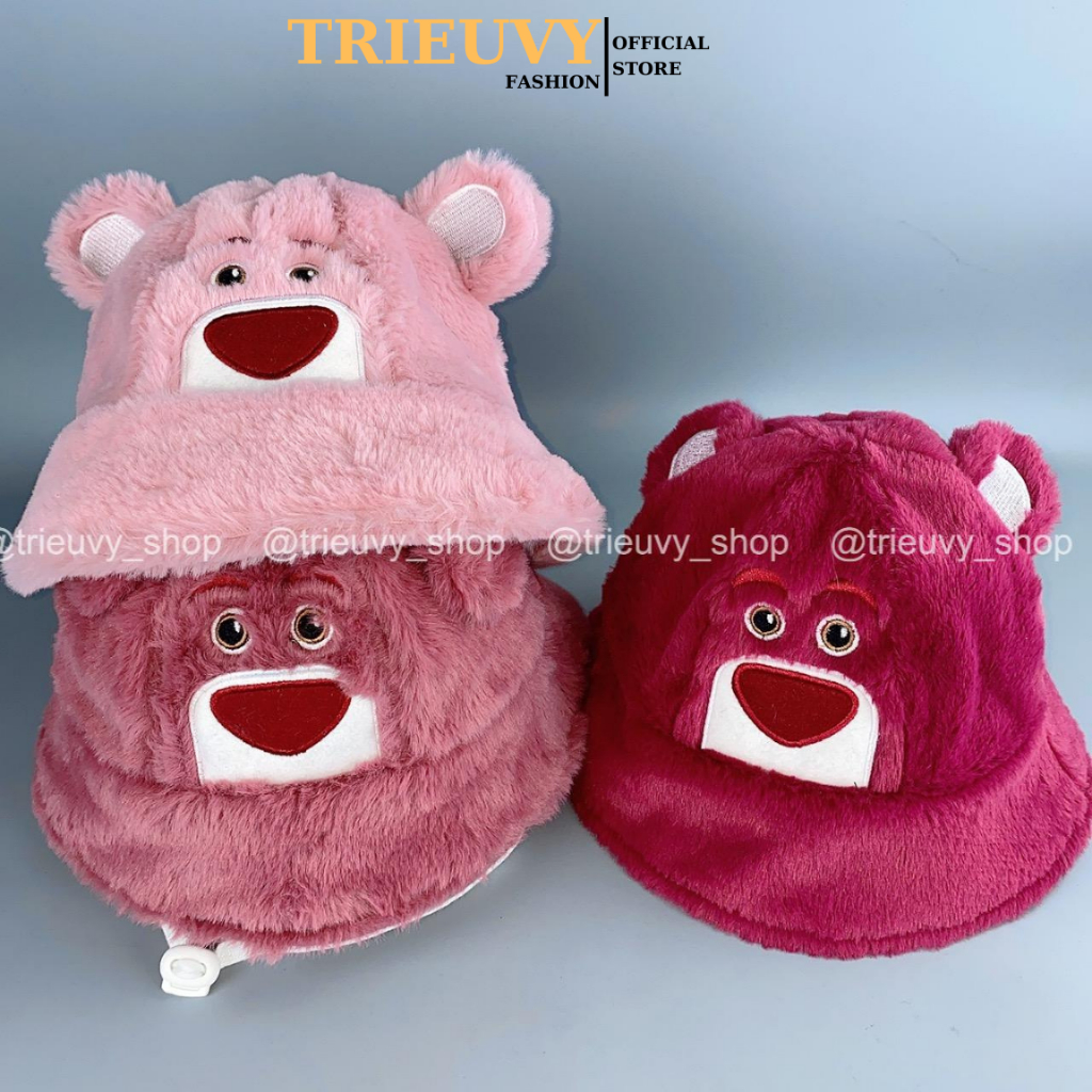[2-6 tuổi] Mũ bucket trẻ em lông tơ Lotso hồng mềm mại, nón lông gấu hồng vành tròn cho bé giữ ấm - TRIEUVY_FASHION