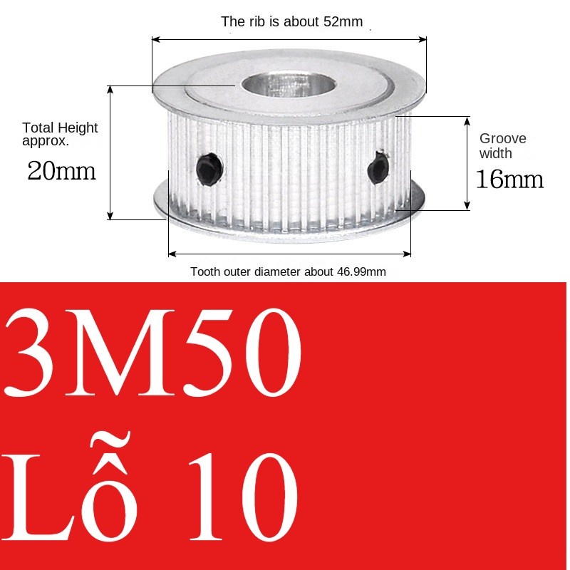 Bánh Răng Đồng Bộ 3M 50 Răng AF Guangfa - Hai Mặt Phẳng, Rãnh 16mm, Lỗ 5-30mm, Nhôm, Truyền Động Chính Xác Công Nghiệp - 16 Lỗ 10