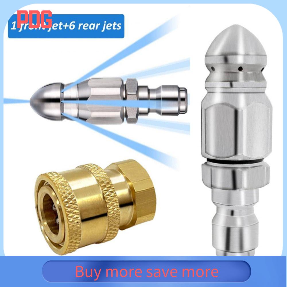 PDG 1 phản lực phía trước + 6 phản lực phía sau Đầu phun máy rửa áp lực Thép không gỉ + Đồng thau Kết nối nhanh 1/4'' Bộ đầu phun làm sạch cống Ứng dụng rộng rãi Chống ăn mòn Phụ kiện an toàn cho khớp nối