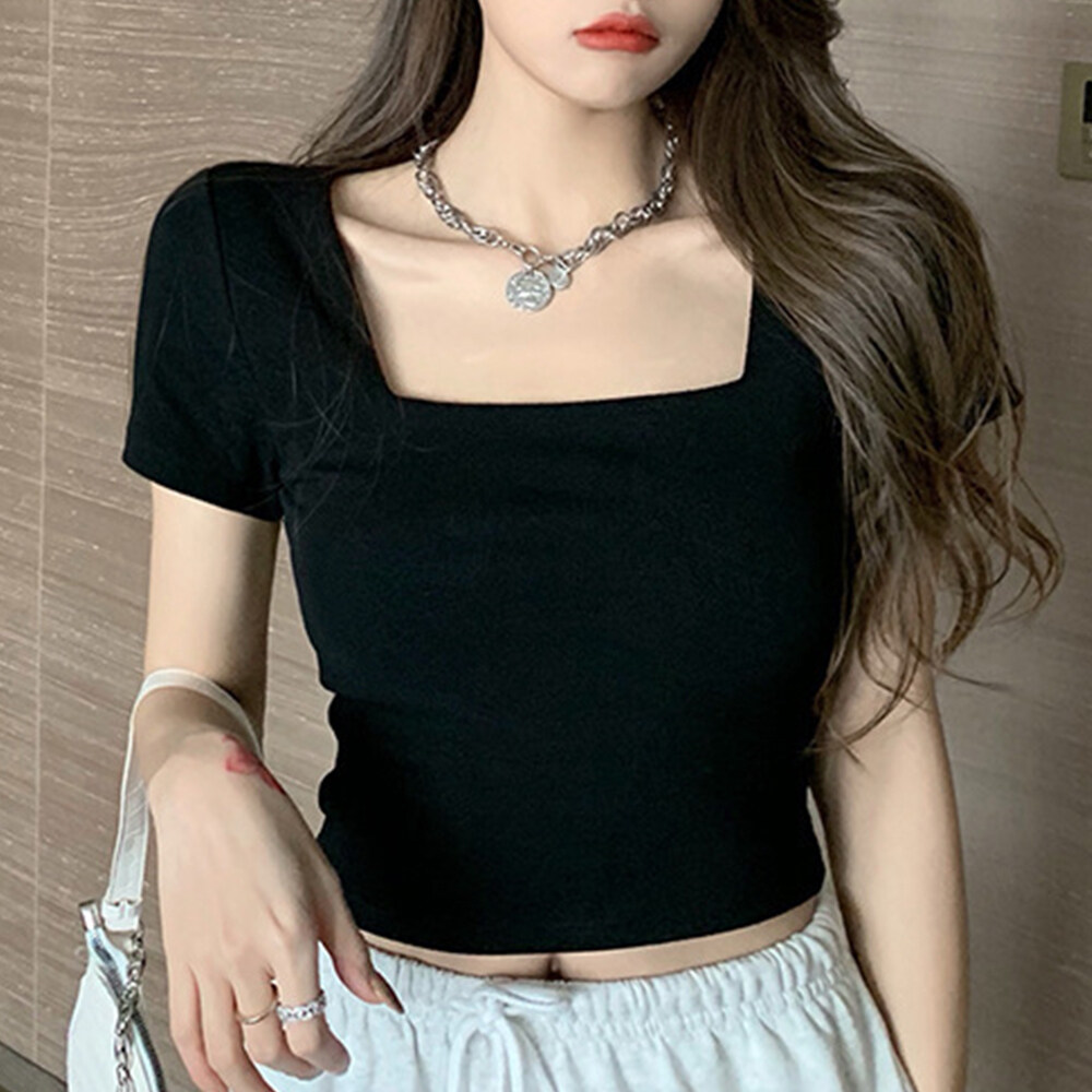 【Ready stock】BRANCHÉ Selection เสื้อยืดแขนสั้นคอเหลี่ยมสีทึบผู้หญิงเสื้อยืดลำลอง ราคา 119 บาท*ส่งฟรี