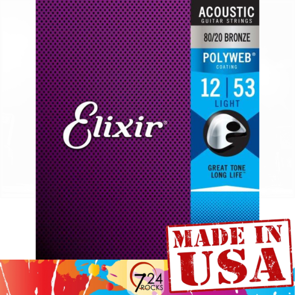 Elixir Strings 11050 Polyweb 80/20 Bronze Acoustic Guitar Strings Gauge 12-53 Light Malaysia