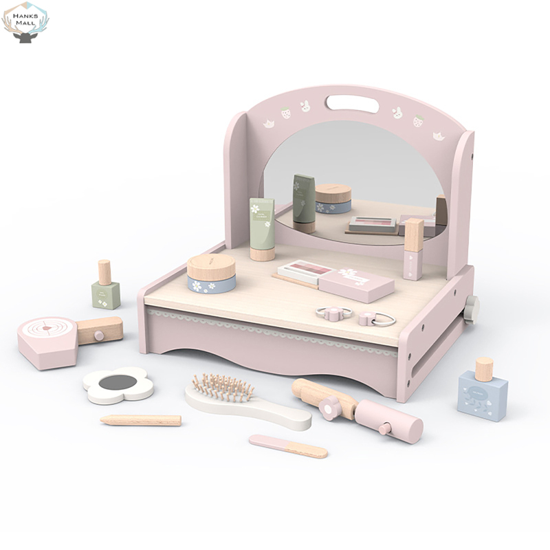 Wooden Vanity Table Toy Pretend Play Makeup Kit Tabletop Dresser Makeup