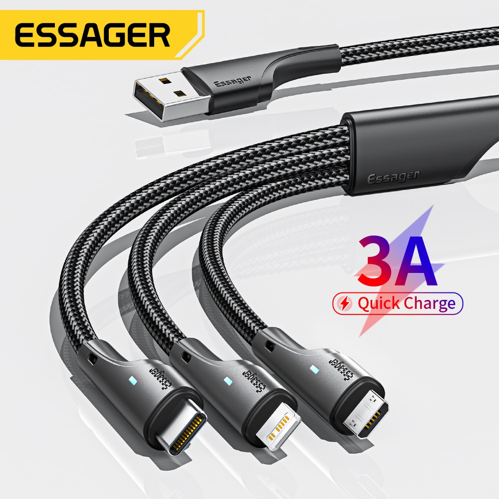Essager 3 trong 1 loại usb c cáp chiếu sáng micro usb dây sạc cho iphone 14 13 12 x pro max samsung xiaomi pcpo điện thoại di động dữ liệu dây