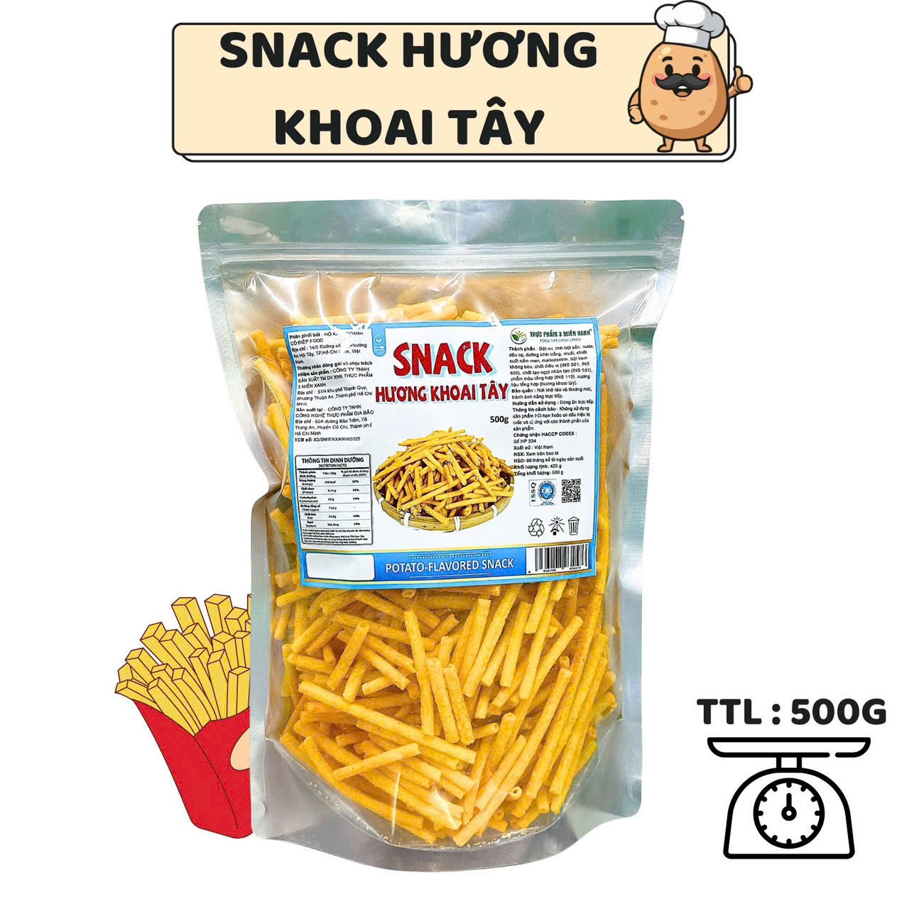 Snack Khoai Tây Ống Vàng Sấy Giòn Đặc Sản Đà Lạt - Túi Zip 500g