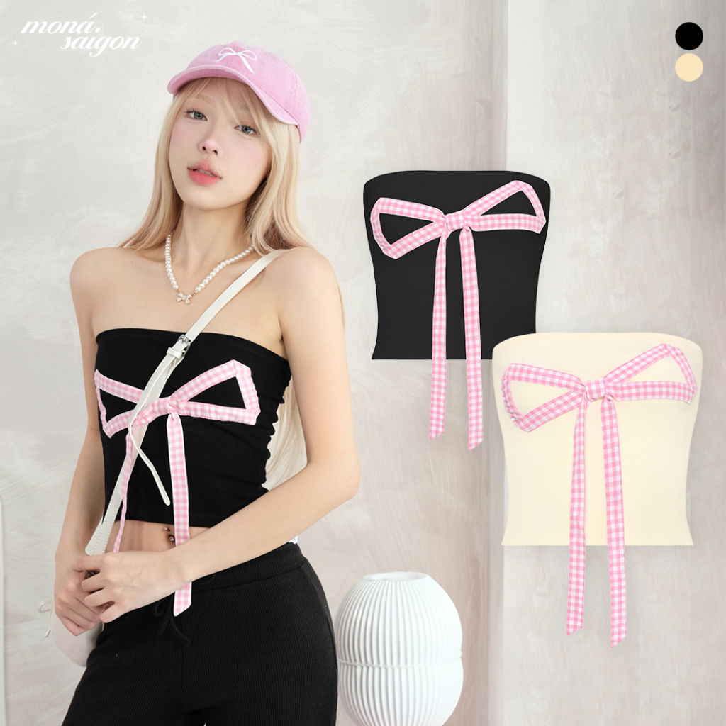 Áo ống nữ thun cotton nhung phối nơ moná - bowty top