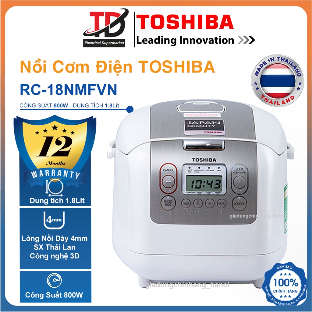  Nồi cơm điện tử Toshiba RC-18NTFVN & RC-10NMFVN Lòng Nồi Siêu Dày - SX Tại thá¡ Lan Hàng Chính Hãng 