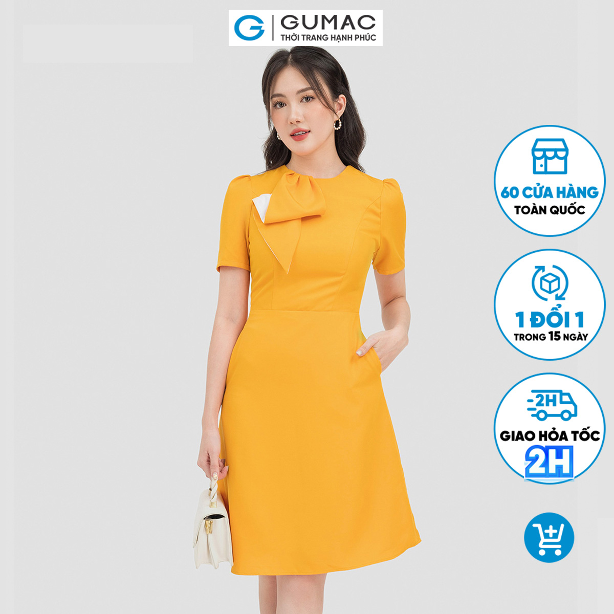 Đầm nữ dáng xòe gumac dc07013, đầm kiểu nữ form chữ a phối nơ cổ trẻ trung