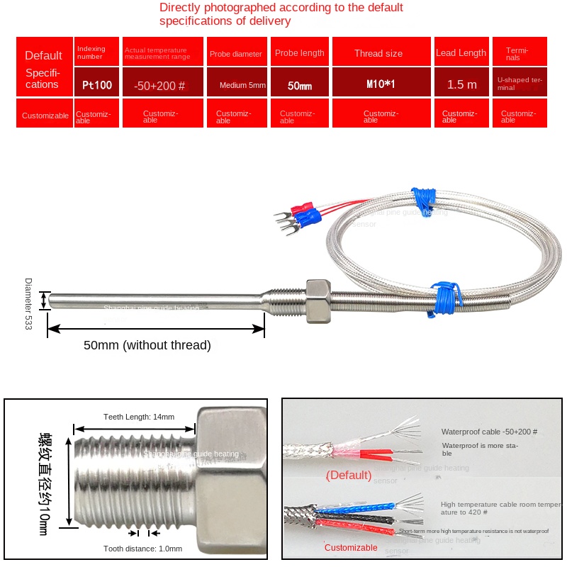 Pt100 Cảm Biến Nhiệt Độ Chống Nước Ren Cố Định | Đầu Dò 50-100mm | -50~200°C | Dây 1.5m | Thép Không Gỉ | Hàng Chính Hãng - M10 * 1/φ 5*50mm