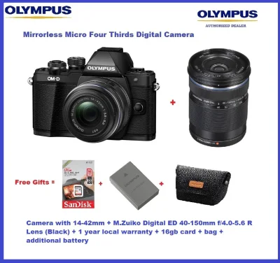 Olympus OM-D E-M10 Mark III Mirrorless Micro Four Thirds Digital Camera with 14-42mm EZ Lens (Black) + Olympus M.Zuiko Digital ED 40-150mm f/4.0-5.6 R Lens (Black) Warranty (Free gifts:16gb card + bag + additional battery)