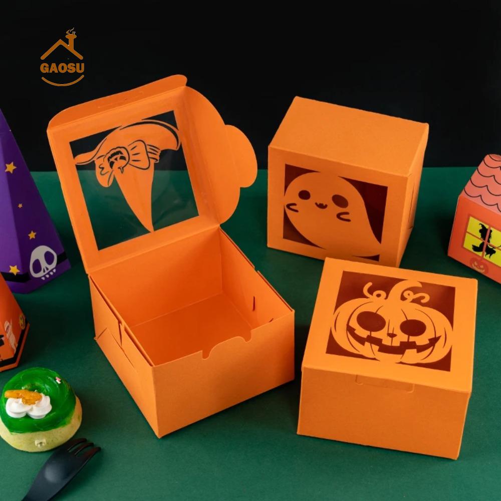 Y7RAN7 50PCS Hình vuông Hộp quà kẹo Halloween Giấy kraft Cửa sổ trong suốt Hộp bánh quy Đồ dùng tiệc theo chủ đề Họa tiết ma/bí ngô/nhện Hộp đóng gói kẹo Tiệm bánh