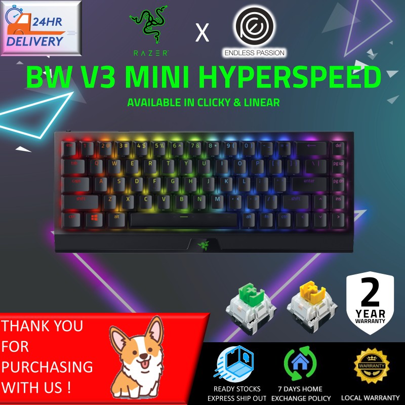 Razer BlackWidow V3 Mini HyperSpeed 65% Wireless Mechanical Gaming Keyboard: HyperSpeed Wireless Technology - Yellow Mechanical Switches- Linear & Silent - Doubleshot ABS keycaps - 200Hrs Battery Life Singapore