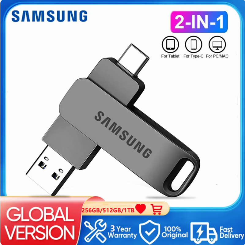 Samsung 1TB 2TB 2 In 1 Flash Drive High speed Metal USB Flash Drive Type-C U Stick SmartPhone MacBook Tablet ราคา 258 บาท*ส่งฟรี