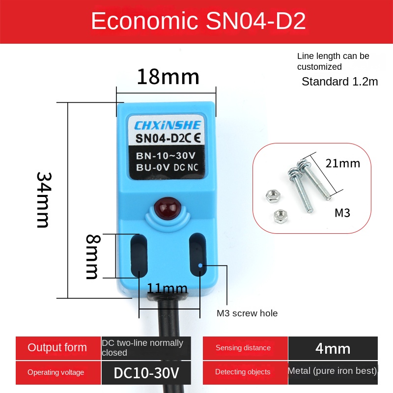 Cảm Biến Vuông SN04-N, NPN/PNP, 5-24V, 4mm - Phát Hiện Kim Loại Chính Xác, Đầu Ra Linh Hoạt, Kim Loại Bền Cho Tự Động Hóa - SN04-D DC 2Dây Đóng