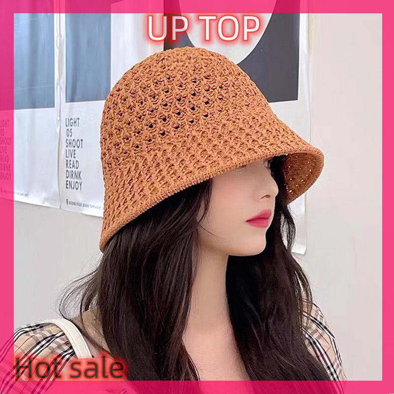 [Up Top] Hot Sale Handmade Crochet Floppy Top Summer Hats Collapsible Dome Bucket Hat Hollow Out Solid Color Beach Caps Simplicity Soft Women Hat