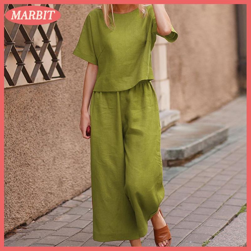【MARBIT Apparel】 Bộ Đồ Hai món bằng vải lanh và cotton ngắn tay mùa hè cho nữ, Bộ Quần Ngắn tay và quần ống rộng, đi làm thanh lịch