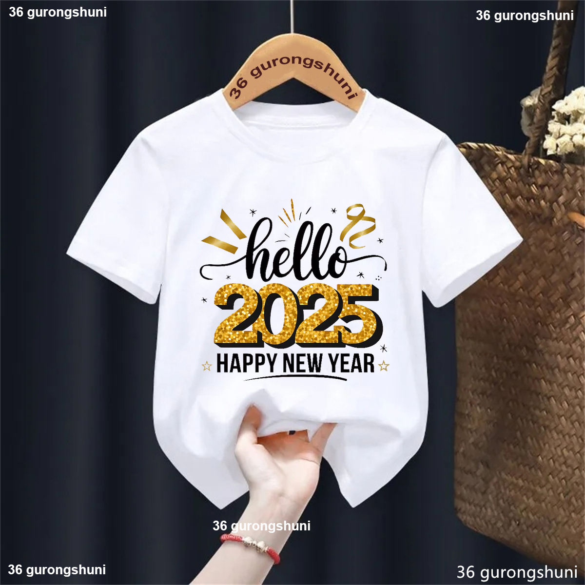 Glitter Hello 2025 Happy New Year Graphic Printed T Shirt Girls/Boys Fashion Kids Clothes Harajuku Kawaii T-Shirt Summer Tshirt