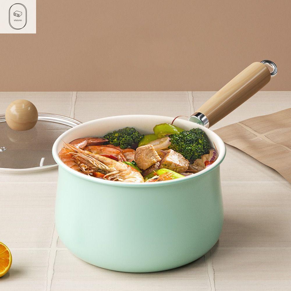 VISIONN mini Nồi sữa tráng men gốm Tay cầm gỗ có nắp Nồi súp Nồi mì Không dính Nồi nấu Cháo