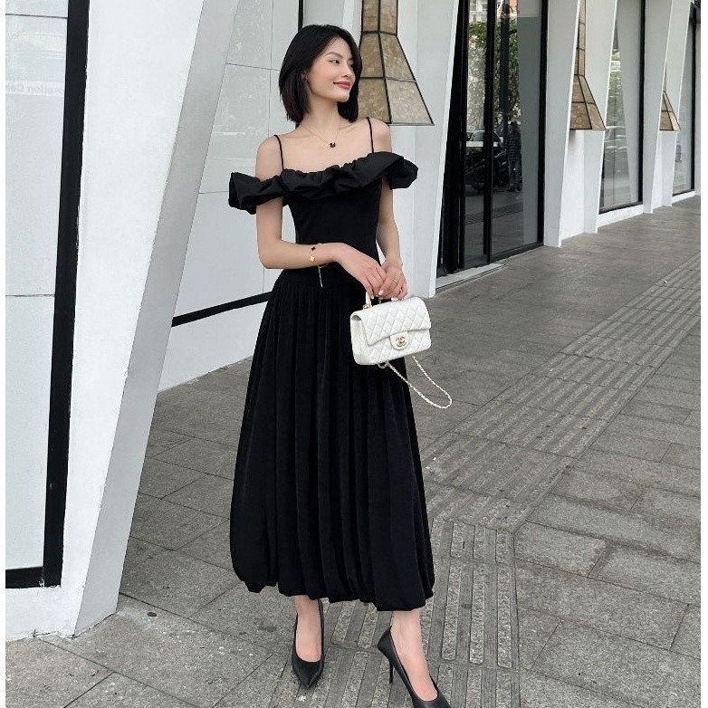 Joven đầm dài kane dáng hai dây phối viền bèo sang trọng thanh lịch