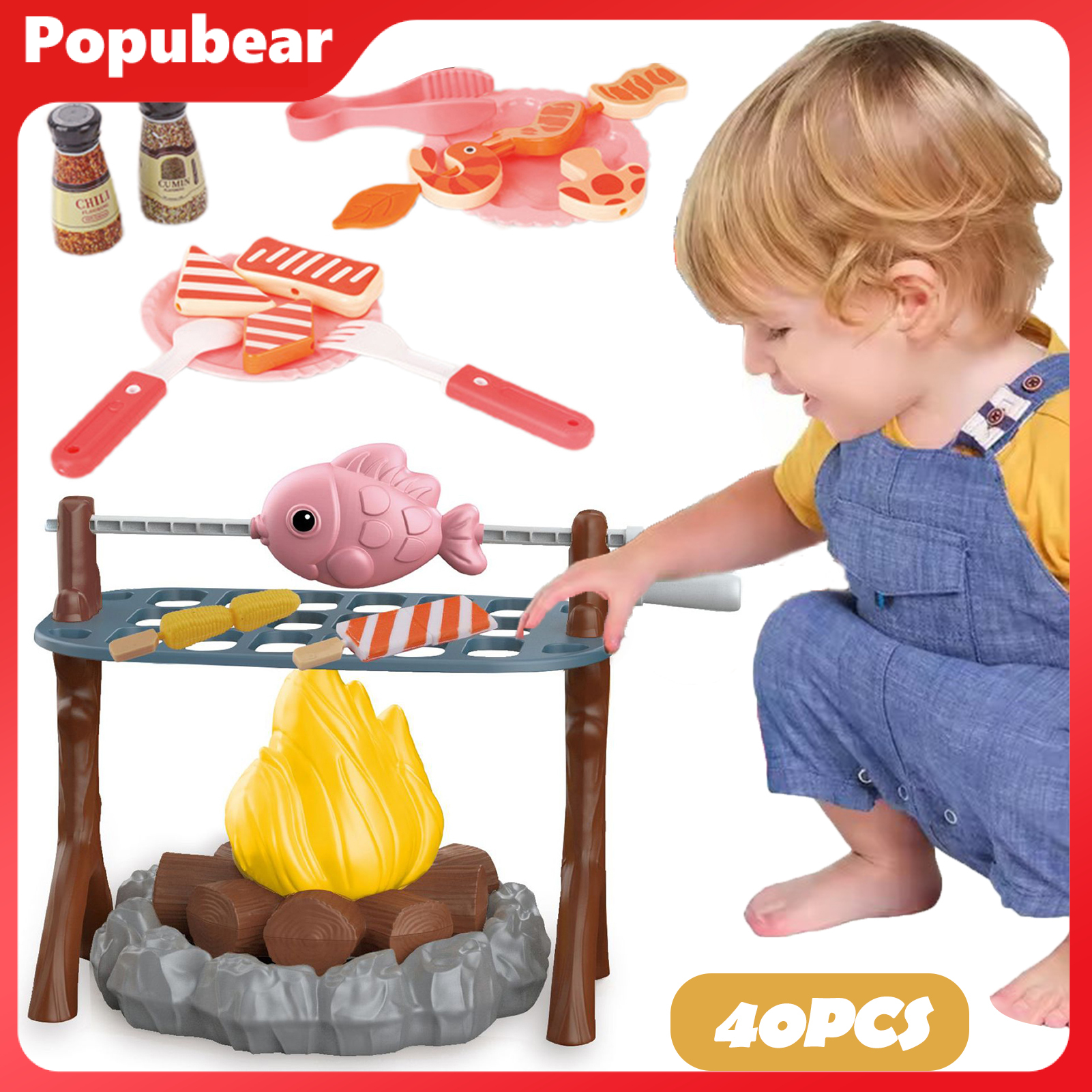 40Pcs/Set Campfire Play Food Toy Indoor Outdoor Kids Simulation Camping BBQ Picnic Cooking Accessories Playset Toddler Pretend Kitchen Toy ราคา 1,086 บาท*ส่งฟรี