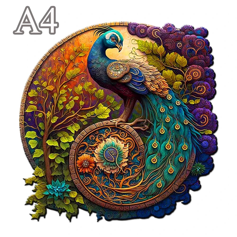 Animal Wooden Puzzle Round Peacock and Bird Wooden Puzzle Childrens Puzzle Toy Festival Gift A3 A4 A