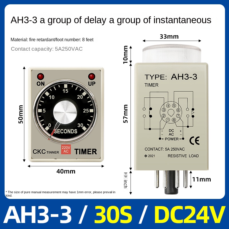 Timer Relay AH3-3-30s-dc24v | tùy chọn Rơ Le thời gian AH3-3, AH3-2 CKC, 1s-60m, AC220V/DC24V, Trễ Bật, 8 Chân, Công Nghiệp, IP50, Độ Chính Xác Cao
