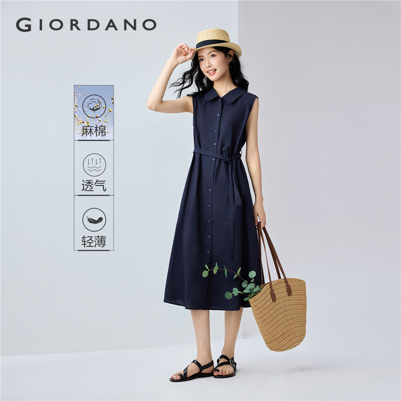 GIORDANO Women Dresses Linen Cotton Ribbon Tie Waist Dresses Sleeveless Button Closure Simple Fashion Casual Dresses 13465353 ราคา 1,479 บาท*ส่งฟรี