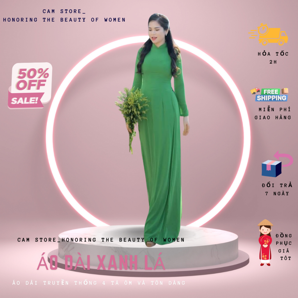 Áo Dài 4 Եà Màu Xanh Lá Vải Chiffon Cao Cấp - Áo Dài Truyền Thống Cam Store