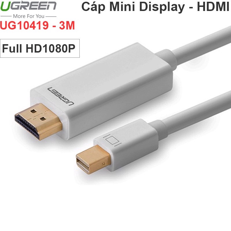 [Mã ELMS10 giảm 6% đơn 50K] Cáp chuyển Mini Displayport to HDMI 3M Ugreen 10419 MD101 Full HD 1080p