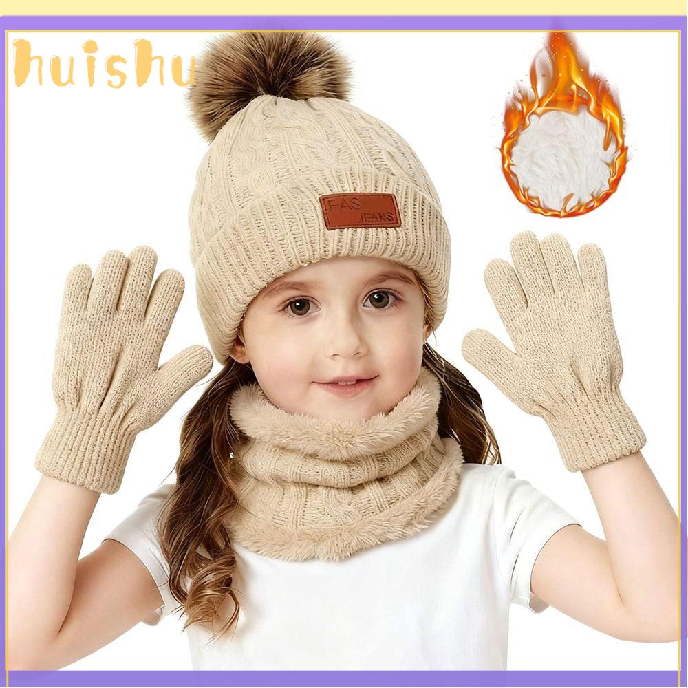 HUISHU Đồ nhồi bông Bộ mũ, khăn, găng tay mùa đông Ấm áp Chống gió Mũ len có pompom Thời trang Mềm mại Mũ khăn quàng cổ Trẻ em