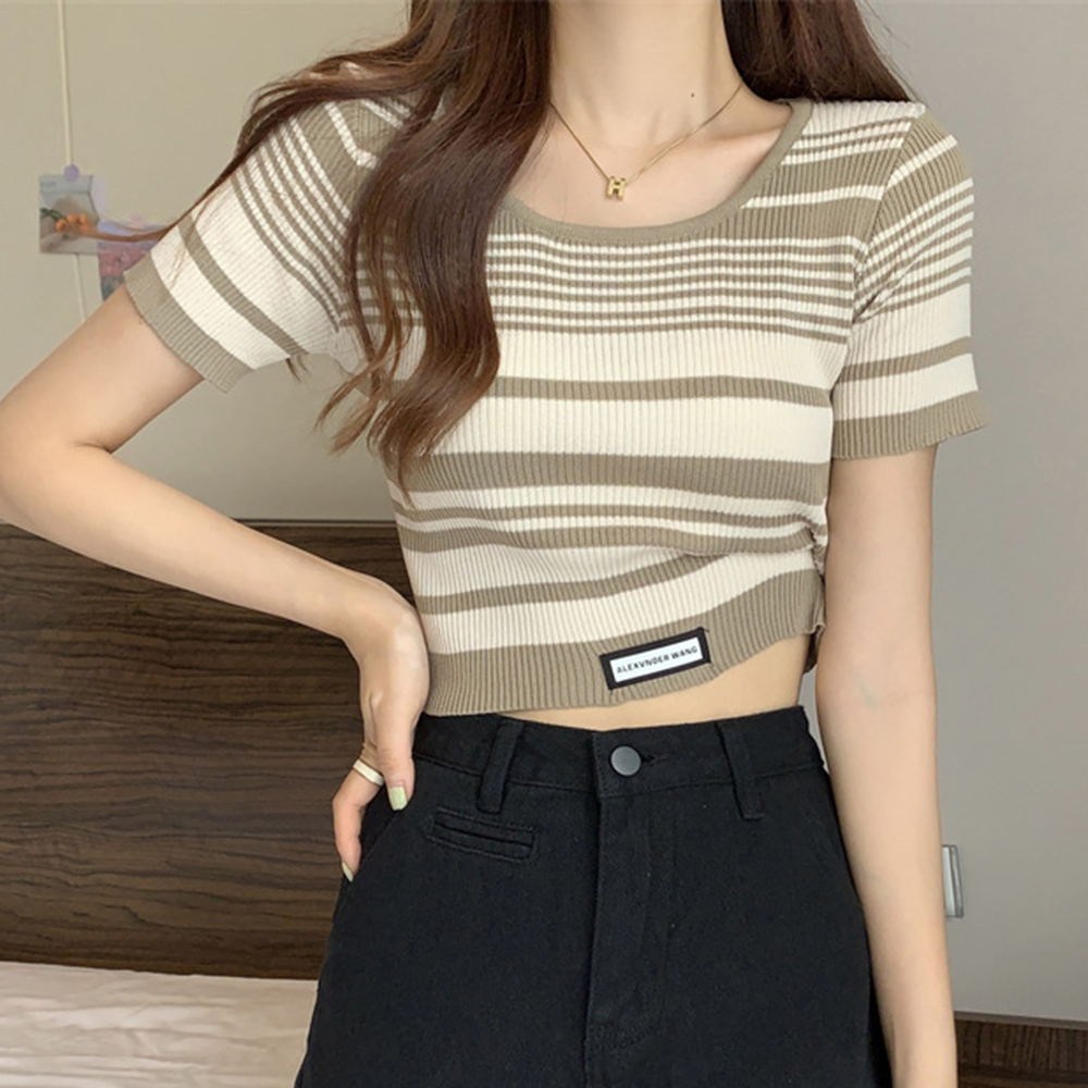 BRANCHÉ Áo Len Phụ Nữ Của Hàng Dệt Kim Mùa Hè Giản Dị K Phong Cách Sọc Ngắn Tay Áo Crew Neck Skinny Phù Hợp Làm Việc Hàng Dệt Kim B250107