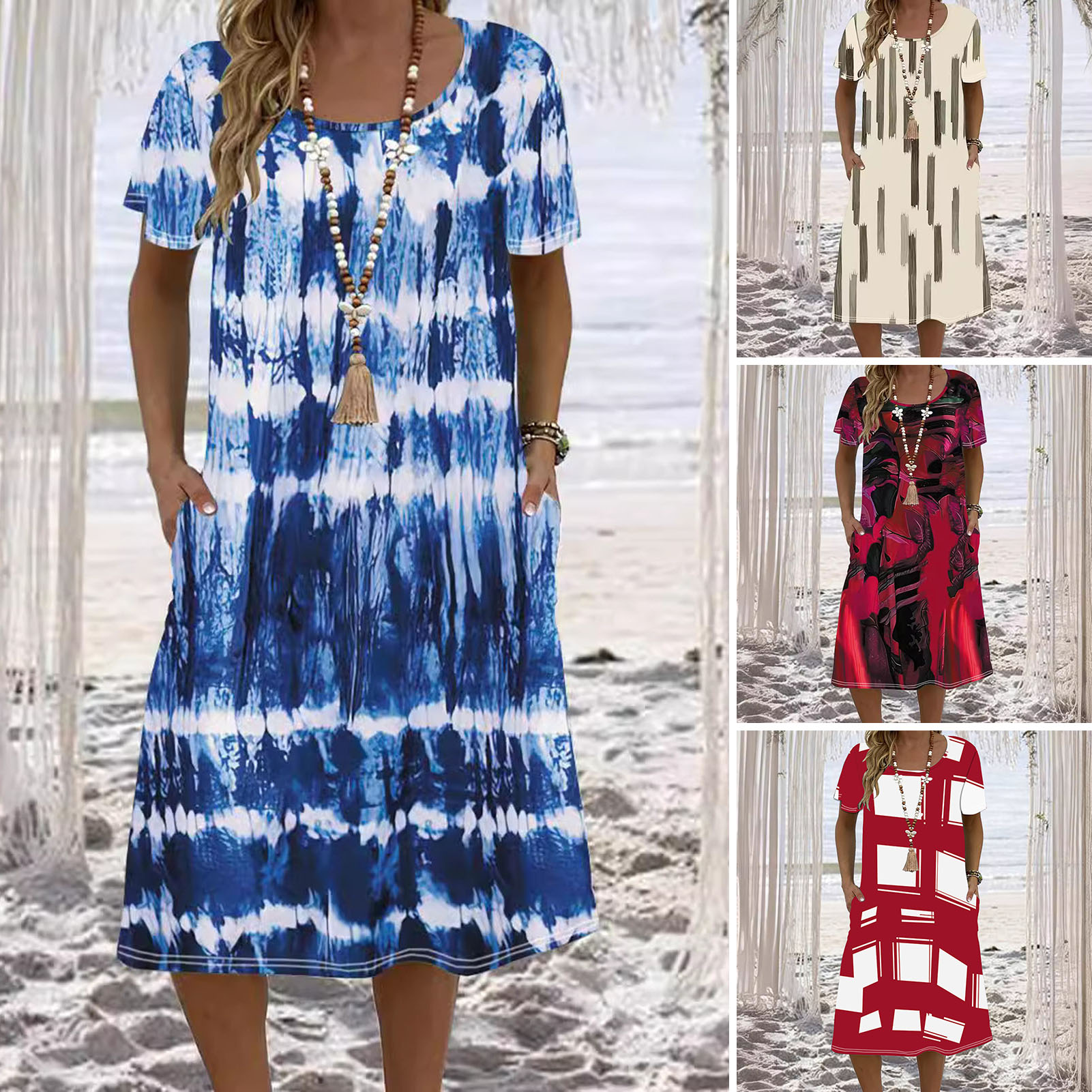 Shemi in dáng rộng đi bãi biển ăn mặc Lady Đầm rộng Tie-Dye Váy Midi với túi bên cho đi biển Yêu thích