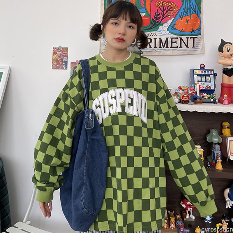Áo Hoodies Tay áo dài hàng đầu cổ tròn cặp đôi giản dị đa năng thương hiệu thời trang rộng rãi áo nỉ nam và nữ bàn cờ kẻ sọc đường phố retro r1509 của Mỹ