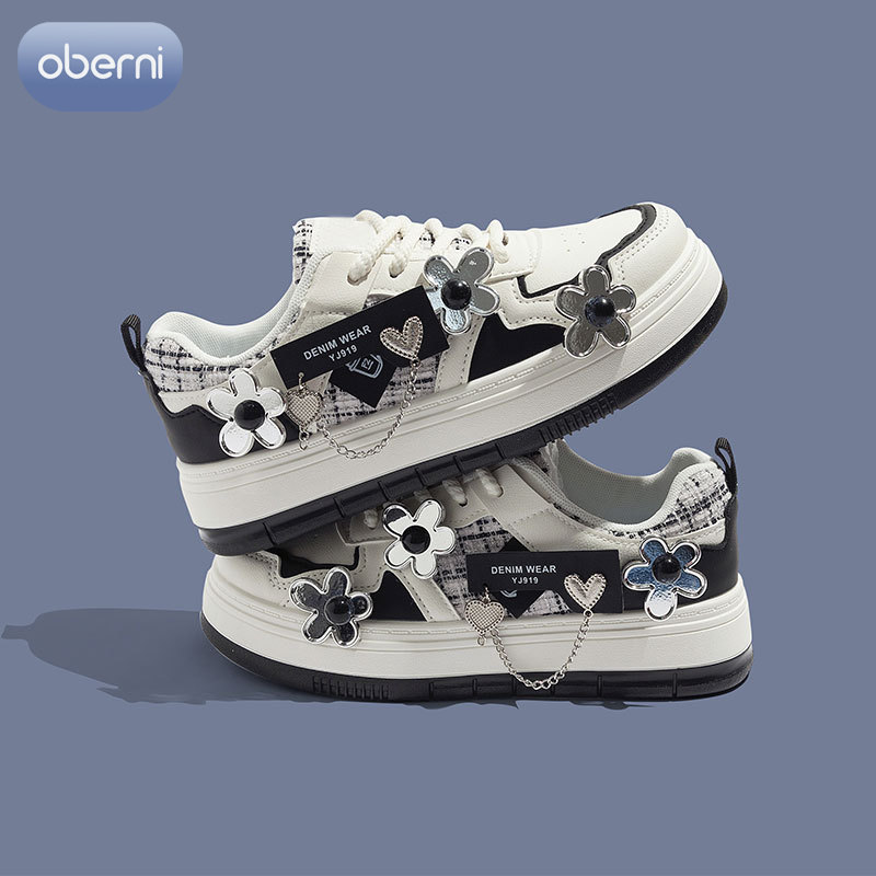 Oberni Girls' white shoes, new flower shoes, student canvas shoes, casual, children's versatile soft-soled shoes ราคา 457 บาท*ส่งฟรี