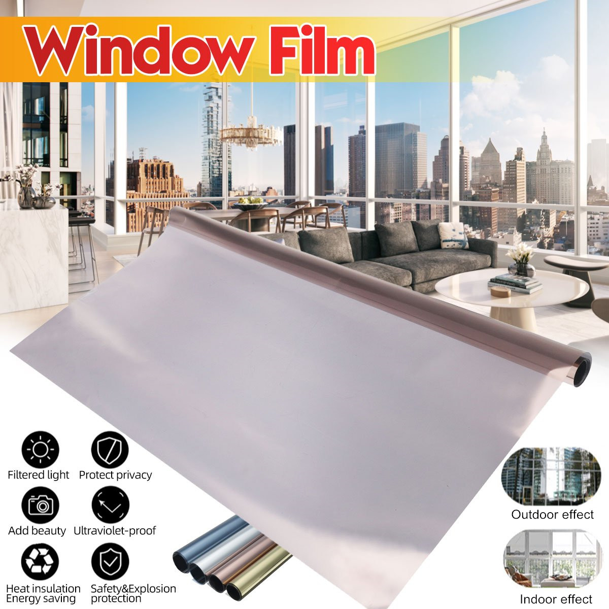 200x60cm văn phòng nhà cửa Miếng Dán Phản chiếu tự dính gương một chiều Phim dán cửa sổ phim thủy tinh