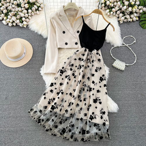 Tuyệt Đẹp Và Thanh Lịch Pháp phong cách Hepburn tay áo dài áo khoác com lê + ôm vừa chiều dài trung bình A-Line Polka Dot Drop Dress Bộ đồ hai mảnh