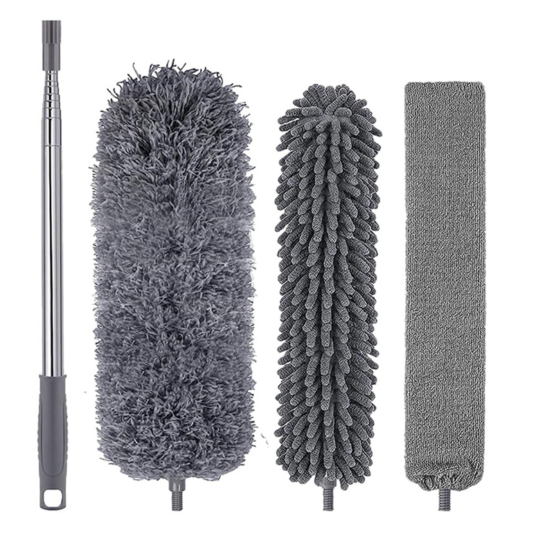 4Piece Microfiber Duster Kit with Extension Pole 30-110 Inches Grey High Ceiling Duster for High Ceiling for Cleaning Cobweb, Blinds, Furniture,Car