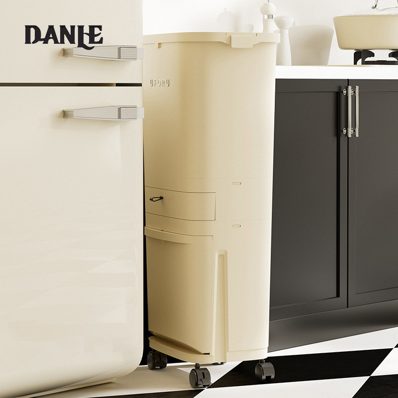 Kitchen trash can, household large press type, with pulley, cream wind, no bending, multi-layer dry and wet separation trash can ราคา 1,262 บาท*ส่งฟรี