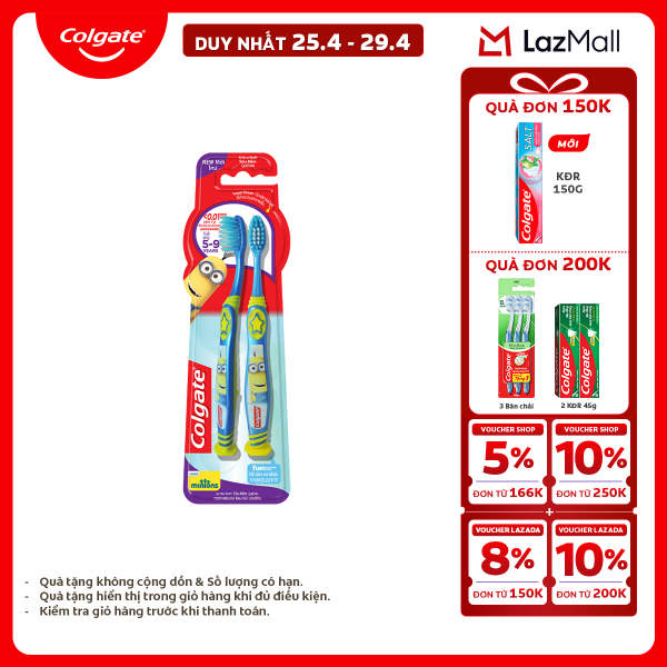 [Chỉ 25-29.4_X2 Voucher giảm 20%] Bộ 2 bàn chải Colgate Minion Twin cho trẻ em từ 5-9 tuổi