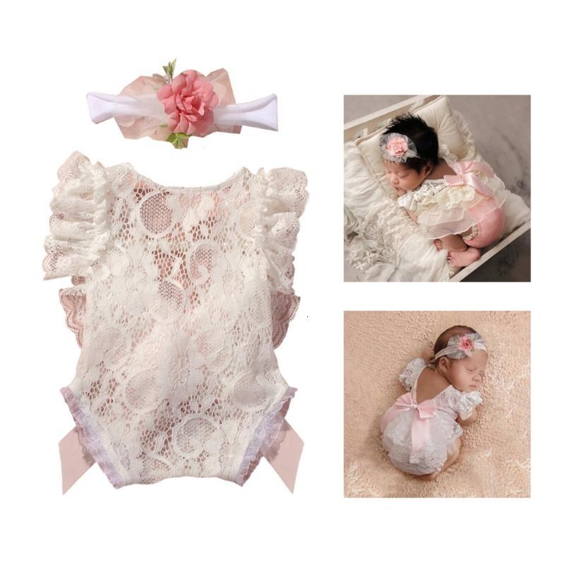 Trẻ sơ sinh ren áo liền quần lưng trần không tay Romper với hoa nơ hình cung Headband đạo cụ chụp ảnh cho chụp ảnh và các bên