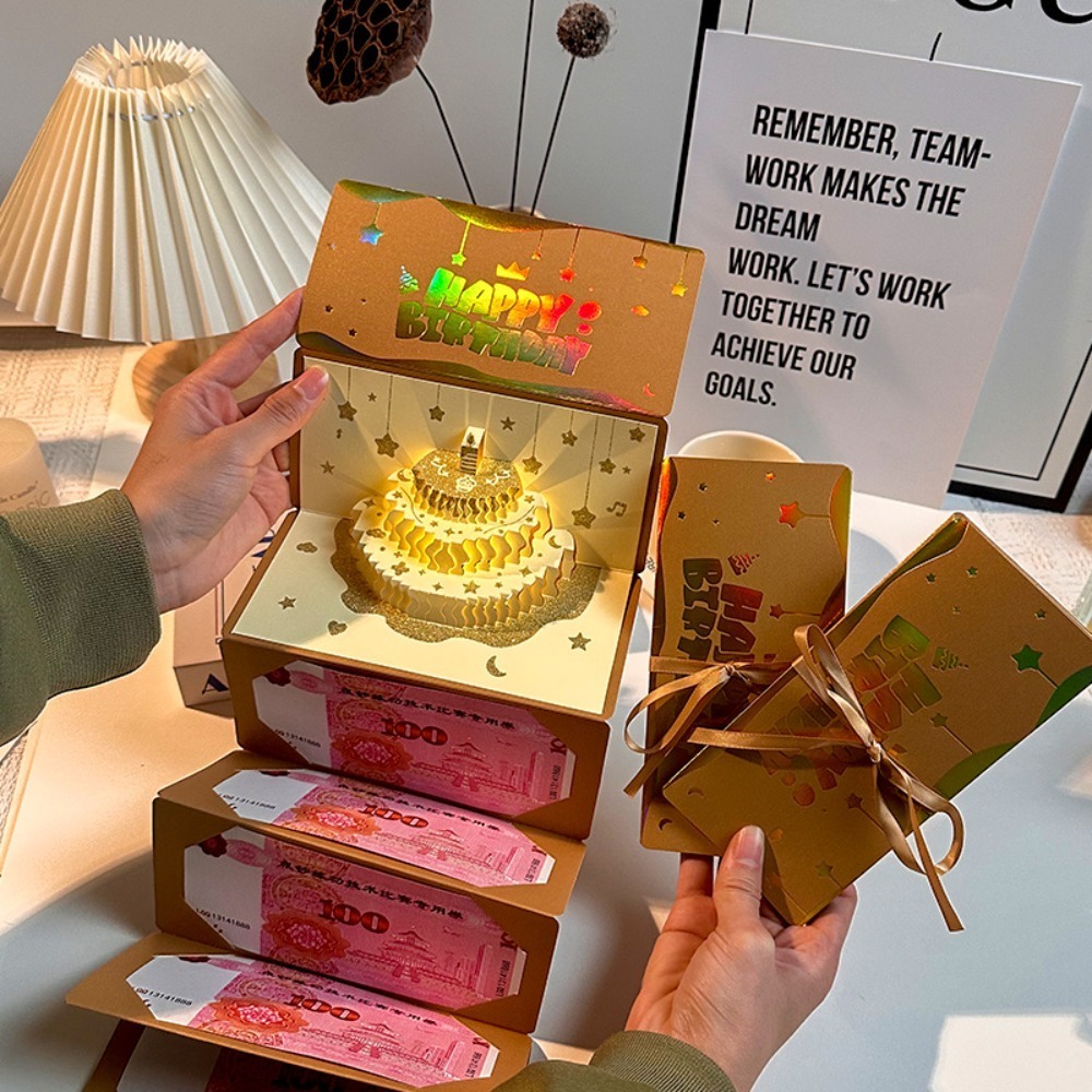 LUXURYLYN Foldable Birthday Red Envelope Greeting Card 6 Card Slots 3D Pop-Up Years Money Red Envelope Creative Gold Musical Light Greeting Card Surprise Gift