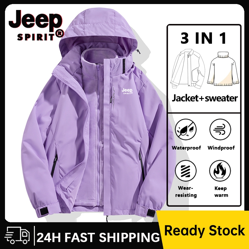 JEEP SPIRIT Winter Windproof Waterproof For Women Jacket 1+1 Set Jacket zip pockets3 in 1 Multifunctional Outdoor Sports Hiking Jacket In Purple