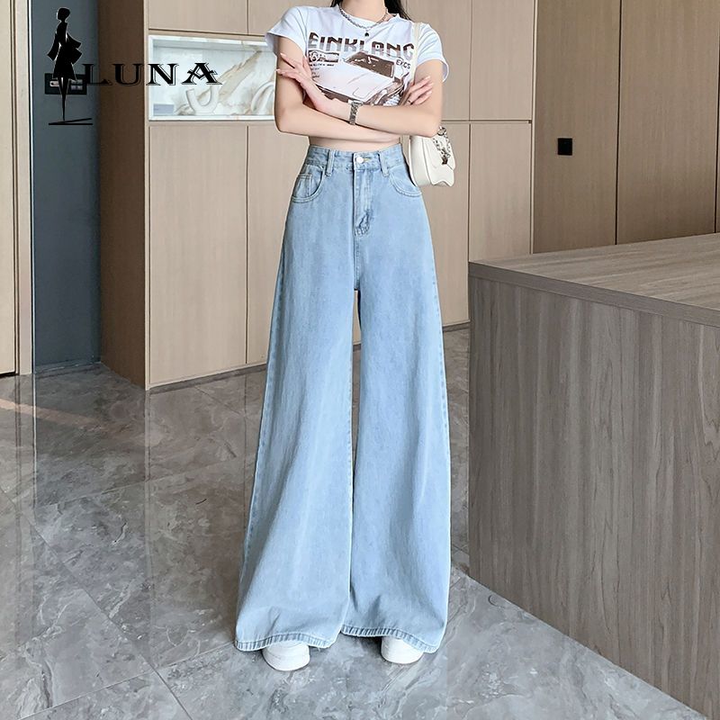 LUNAáo girl phố nữ quần bò ống rộng cho nữ Nữ mùa thu mới nhất màu sáng chân rộng quần jean váy nhỏ vóc dáng cao eo hiển thị gầy rộng thùng thình buông xuống loa lớn lau nhà quần dép nữ xinh Quần jean nữ rẻ vô đố
