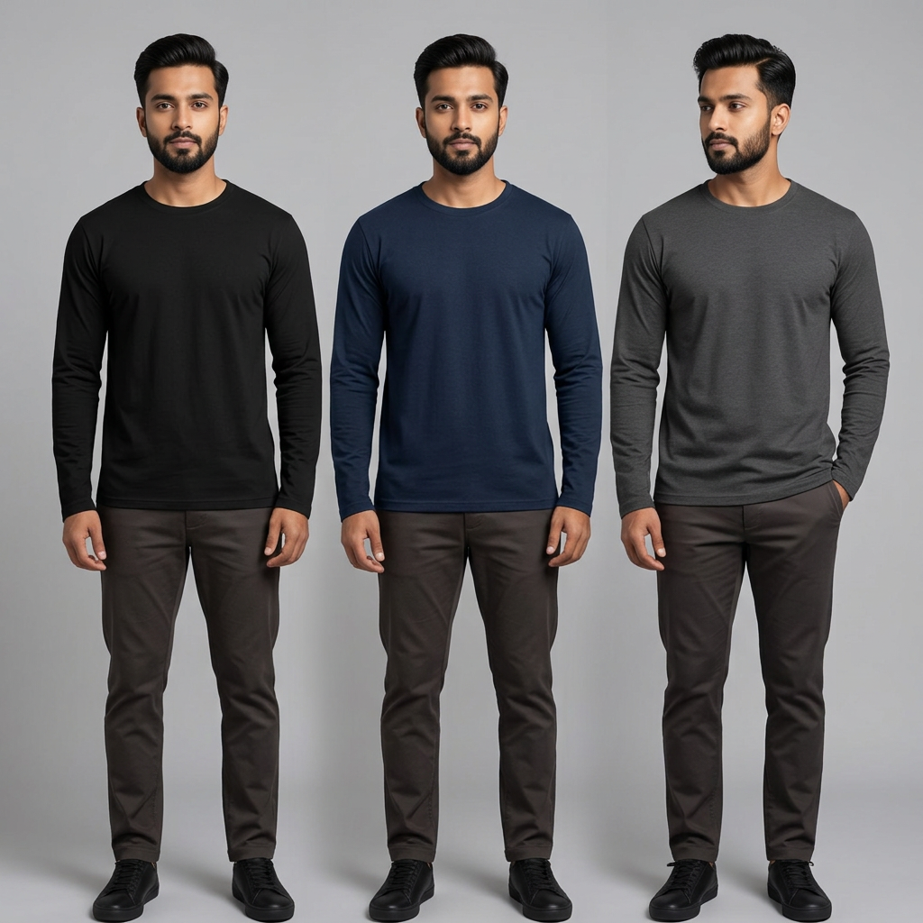 MK Garments - Pack Of 3  Premium Plain Colors Full Sleeves Basic Shirts Casual Wear Trendy Long Sleeve T-Shirts For Men